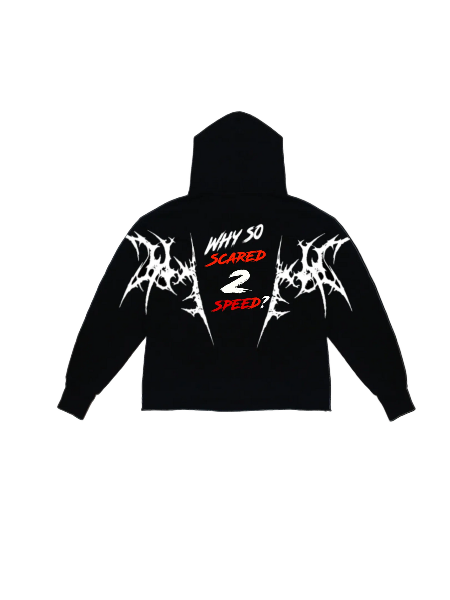 scared2speed oversized black acid-wash hoodie.