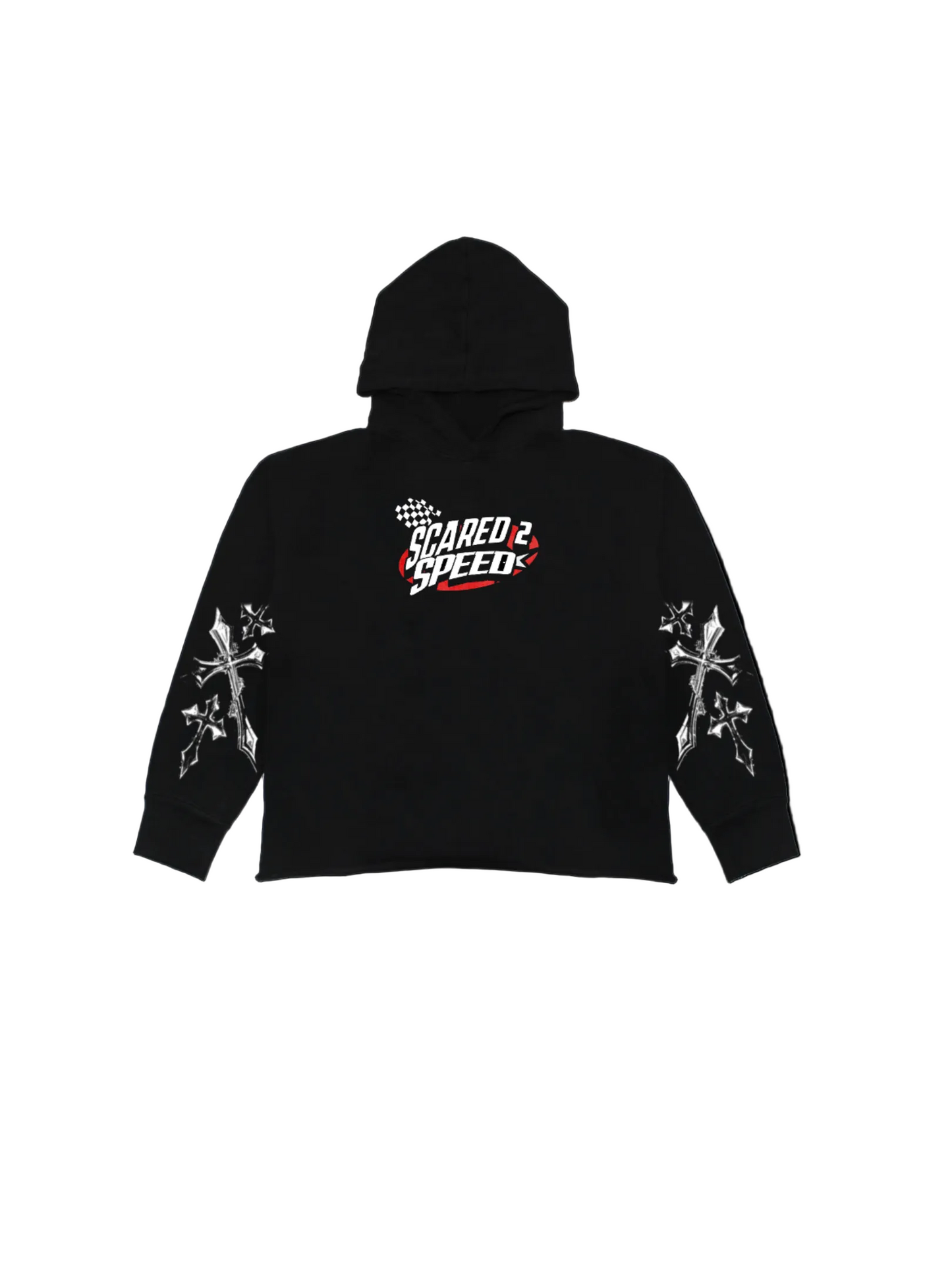scared2speed oversized black acid-wash hoodie.