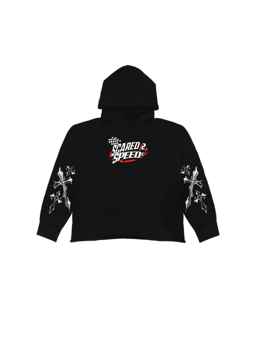 scared2speed oversized black acid-wash hoodie.