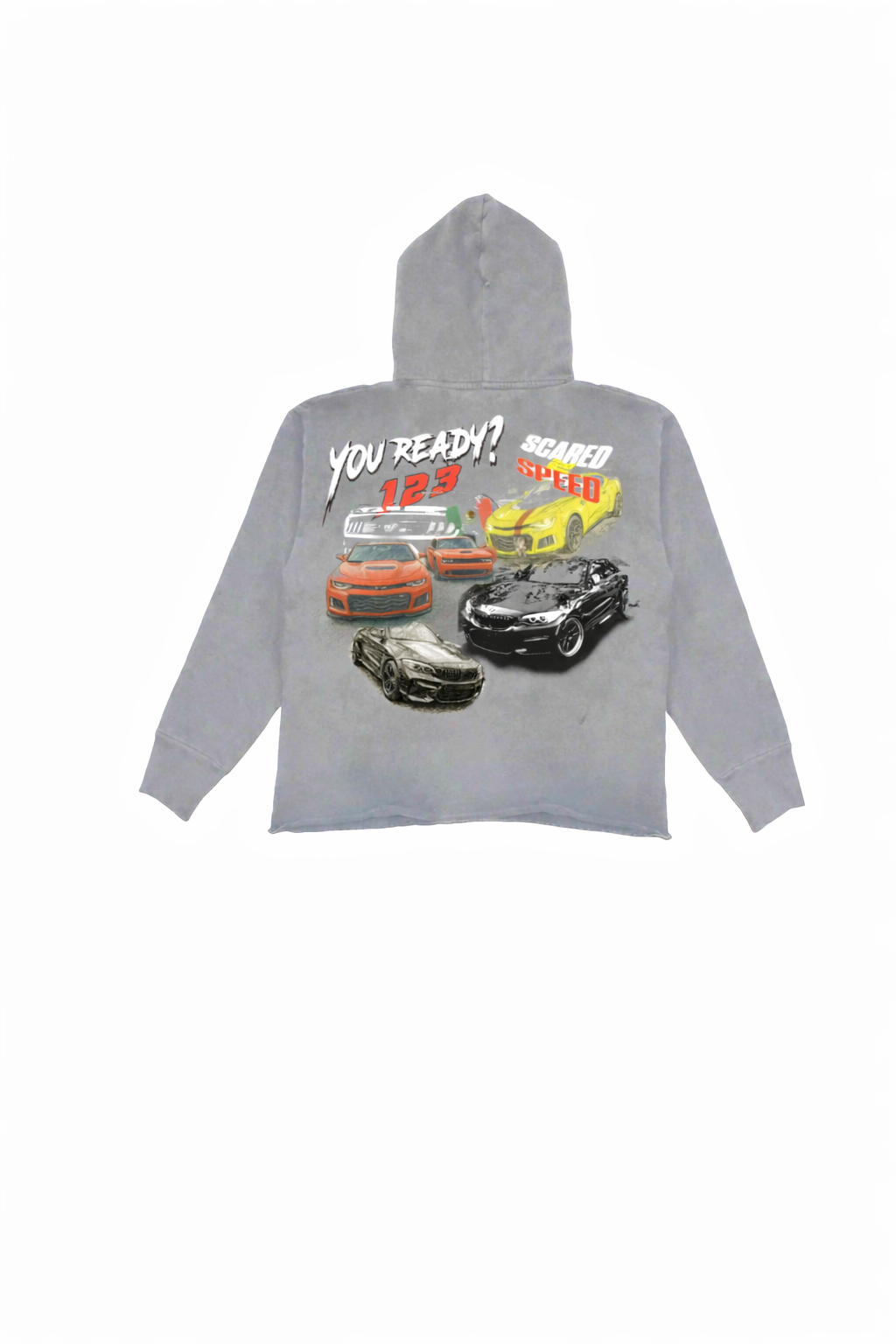 scared2speed oversized gray acid-wash hoodie.